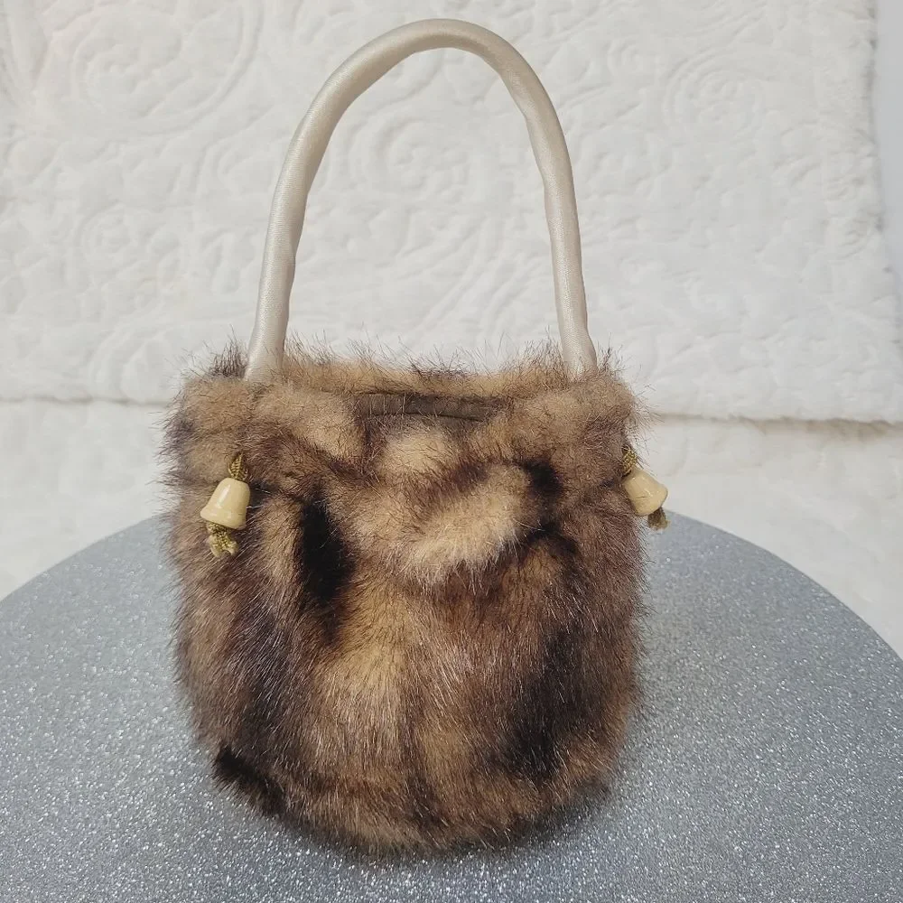 Brown Faux Fur Purse Drawstring Top Small Bag Satin Lined Rigid Handle Holiday